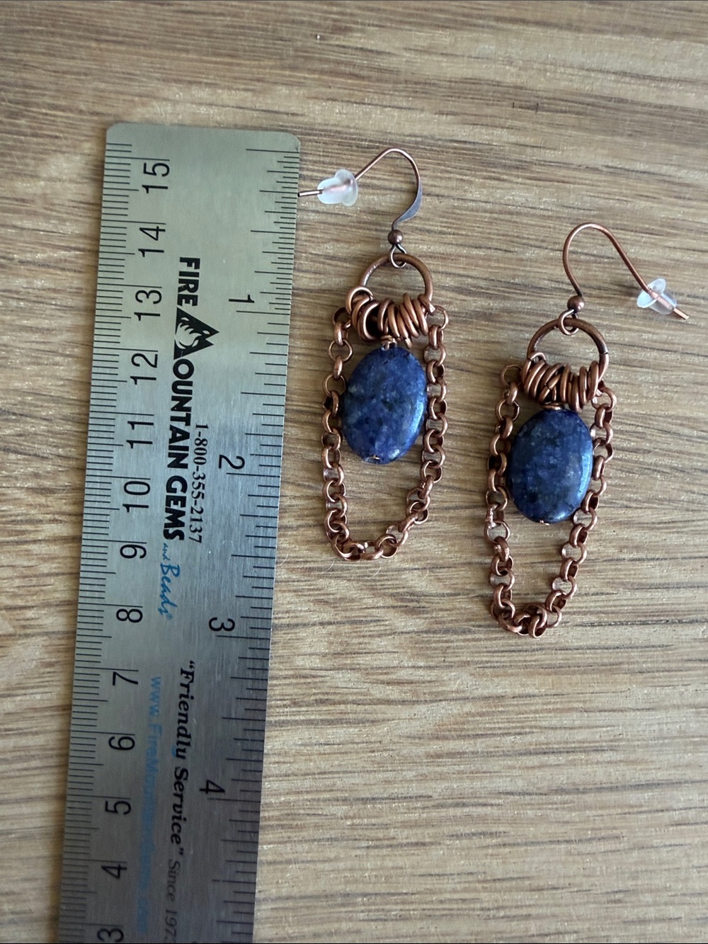 HAND CRAFTED LAPIS LAZULI & COPPER CHAIN DANGLE EARRINGS Boho Gemstone Jewelry - Picture 8 of 9